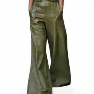 UOOZEE Women's Split-Joint Pocketed Pleated Wide Leg Faux Leather Loose Trousers
